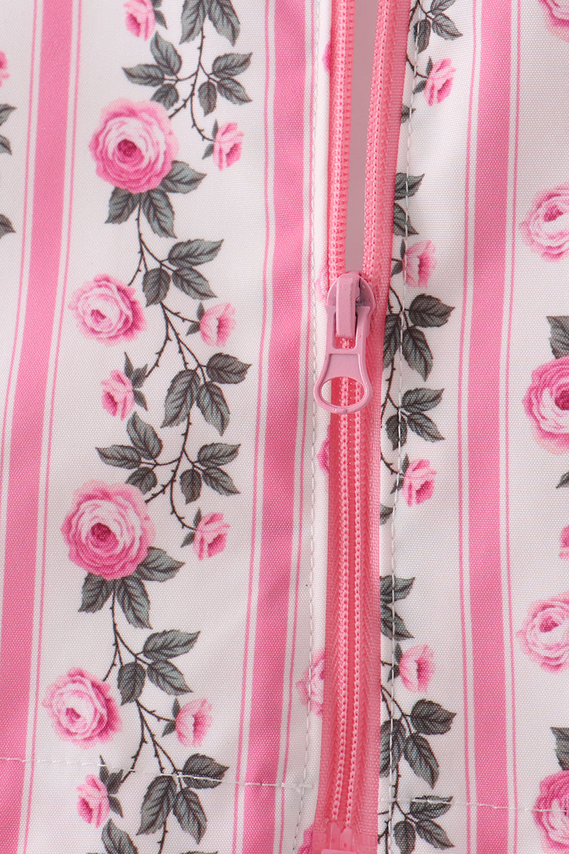 Pink Floral Stripe Ruffle Raincoat