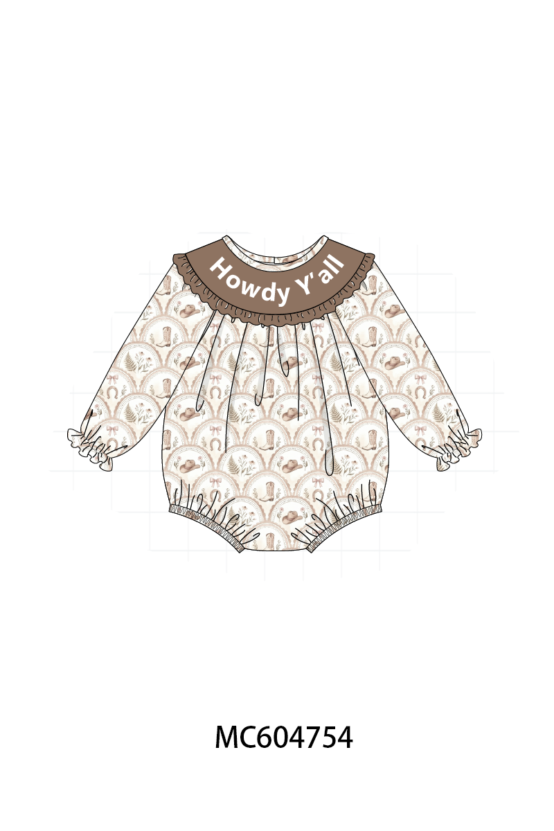 Brown Howdy Y'ALL embroidery ruffle bubble