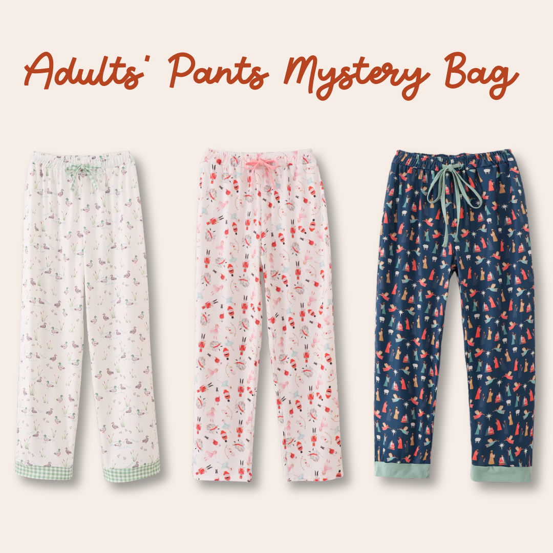 Three pairs of patterned pants on a beige background with text 'Adults' Pants Mystery Bag'.