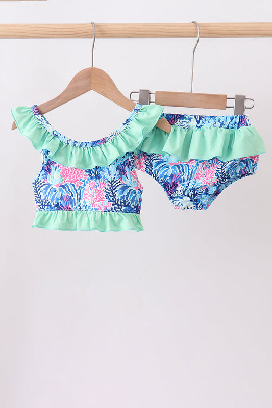 Blue marine creature print ruffle 2pc swimsuit
