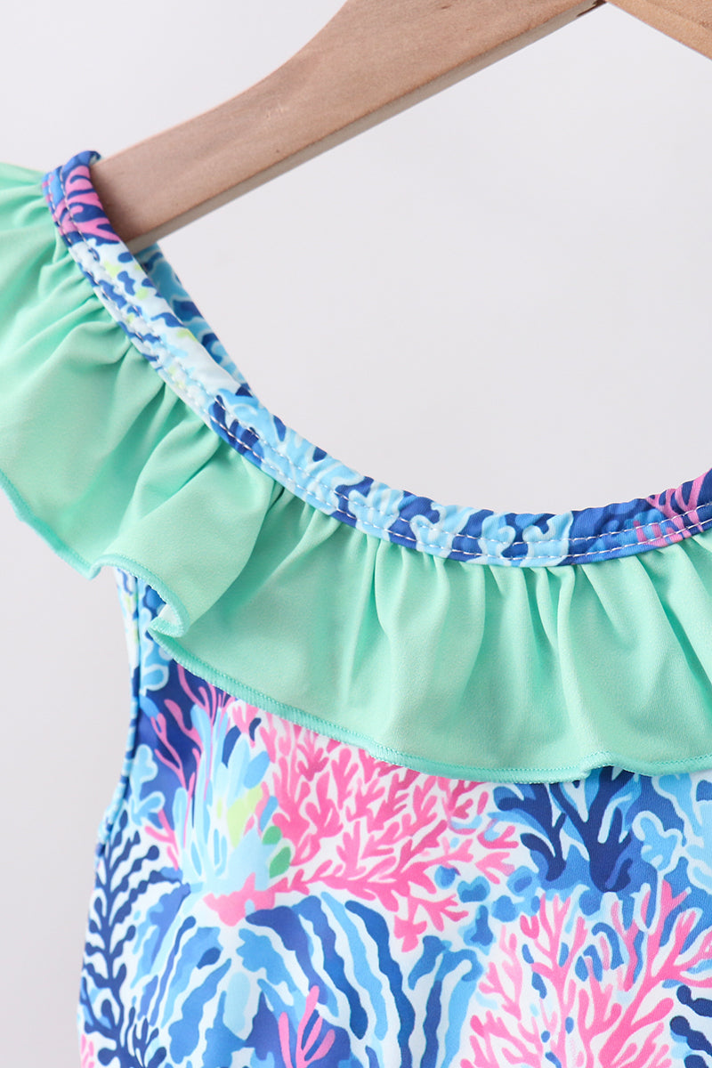 Blue marine creature print ruffle 2pc swimsuit