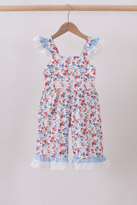 Blue floral lace smocked ruffle jumpsuit