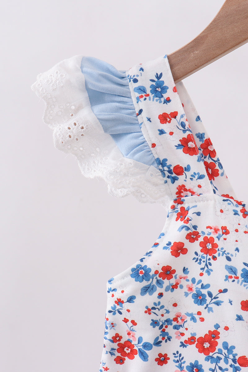 Blue floral lace smocked ruffle jumpsuit