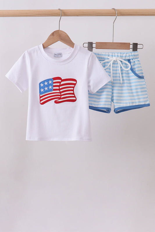 Blue flag embroidery shorts set