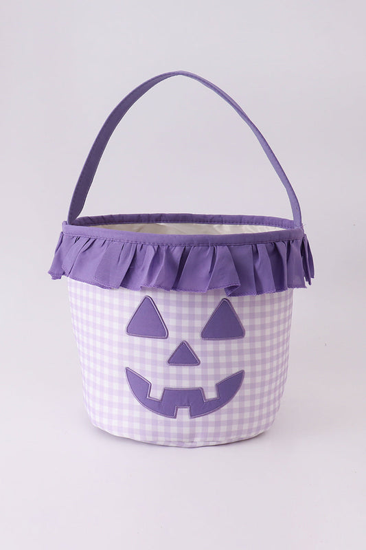 Purple Pumpkin Applique Gingham Ruffle Basket
