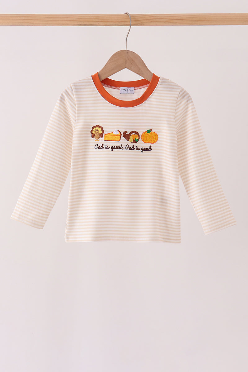 Cream turkey pumpkin embroidery top