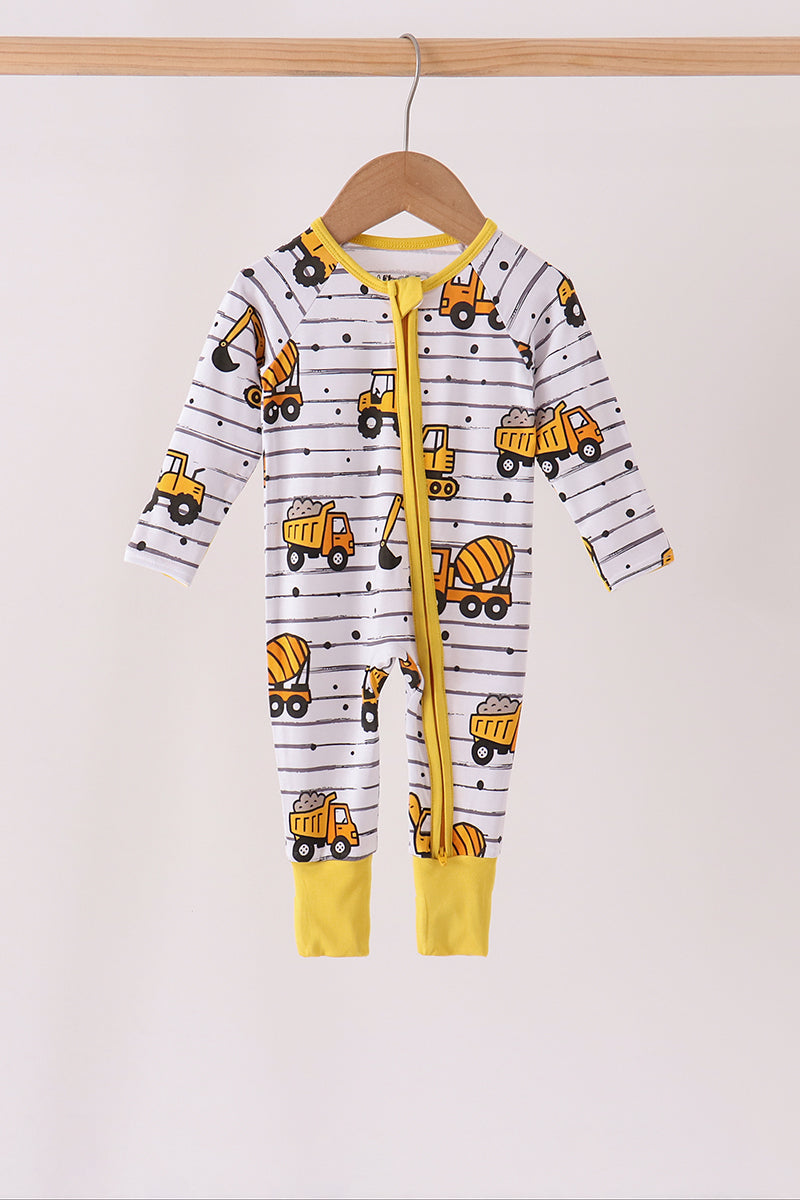 Yellow Construction Trucks Zip Bamboo Romper