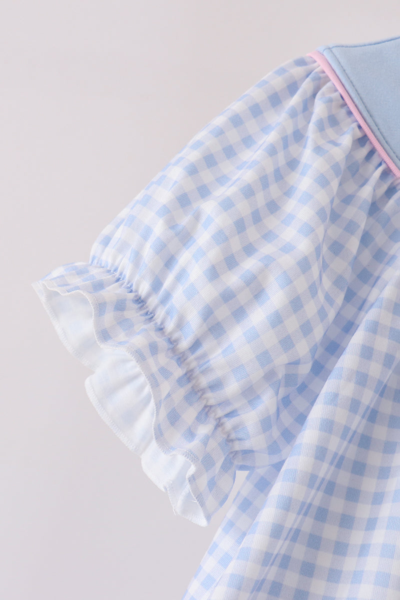Blue ghost embroidery gingham dress