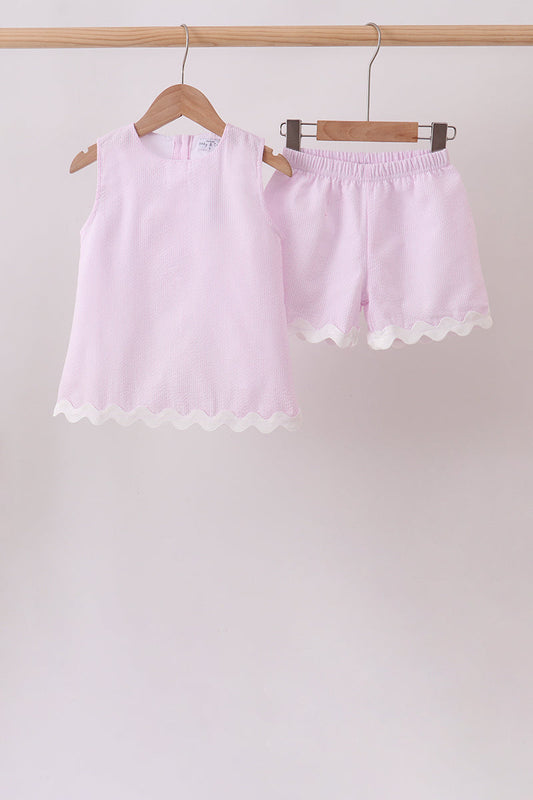 Pink Seersucker Stripe Scalloped Shorts Set