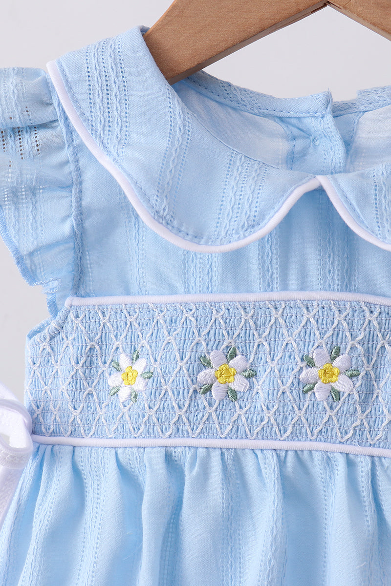 Blue floral smocked jacquard ruffle bubble