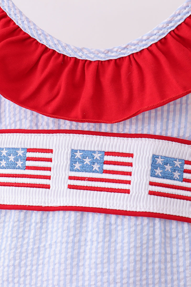 Blue seersucker flag smocked ruffle swimsuit