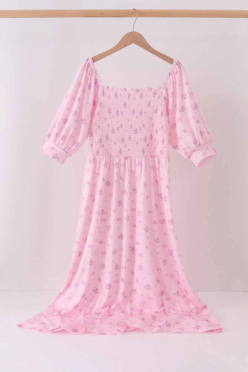 Pink Floral Bow Smocked mom dress