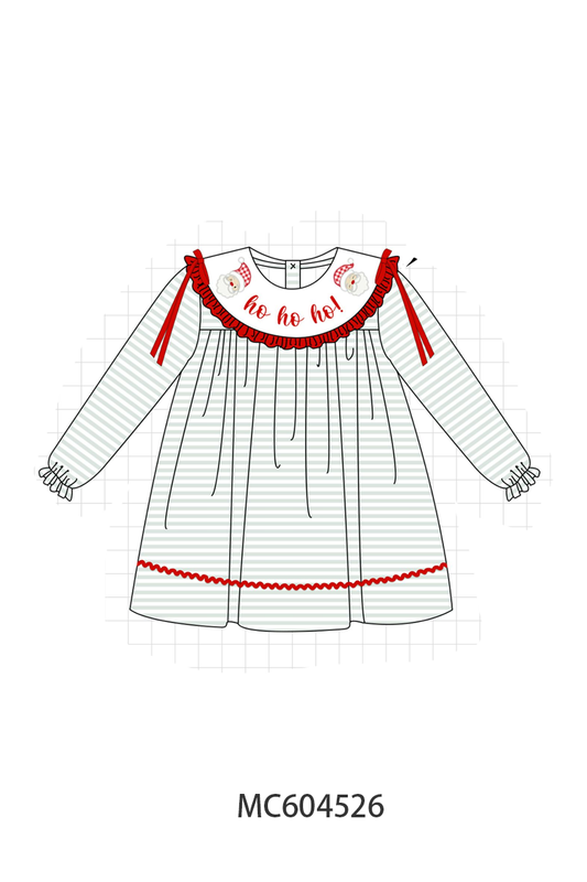 Sage santa applique gingham ruffle stripe dress
