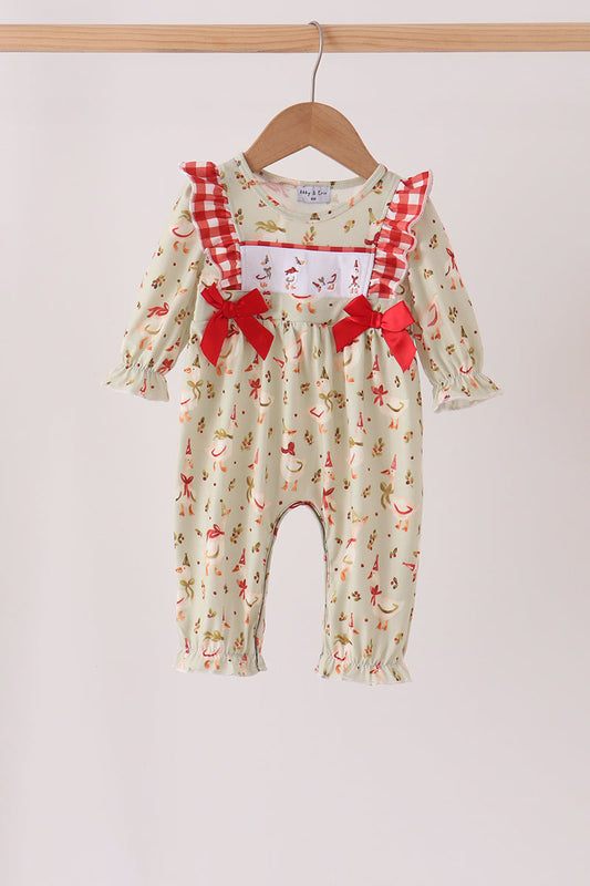Goose embroidery ruffle bow romper