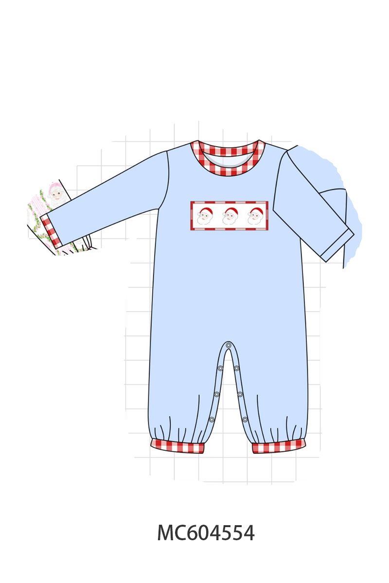 Blue Santa Claus Embroidery Romper
