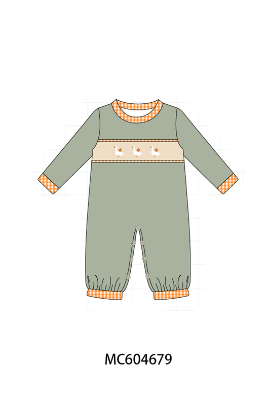 Green goose pumpkin embroidery romper