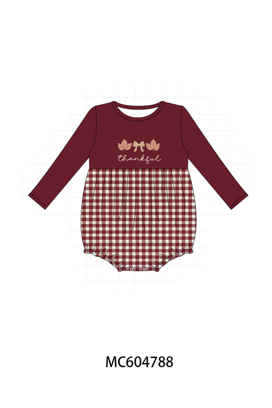 Maroon thankful leaves embroidey gingham bubble