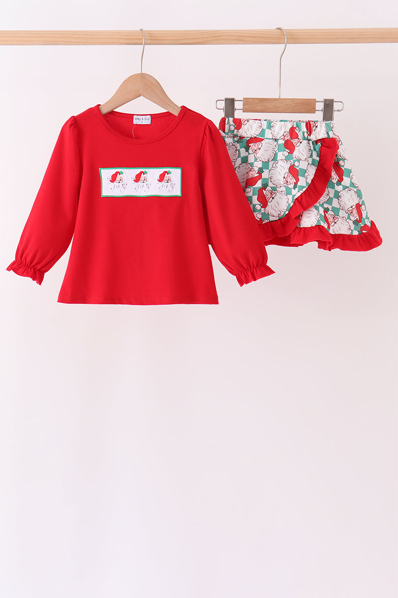 Red Santa Embroidery Ruffle Skorts Set
