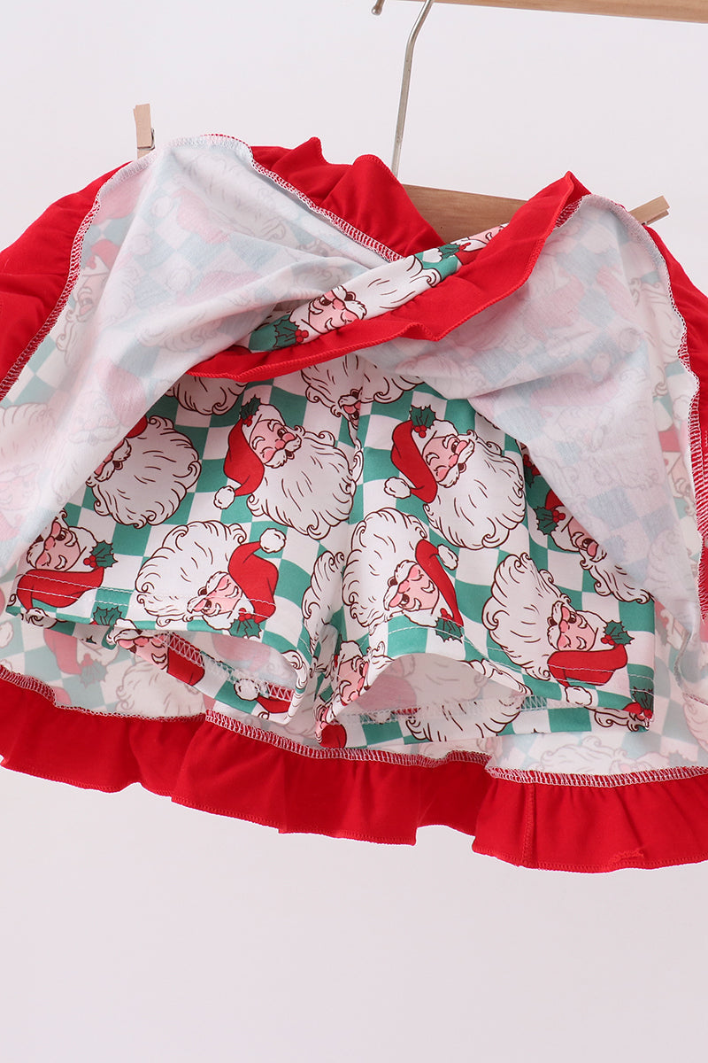 Red Santa Embroidery Ruffle Skorts Set