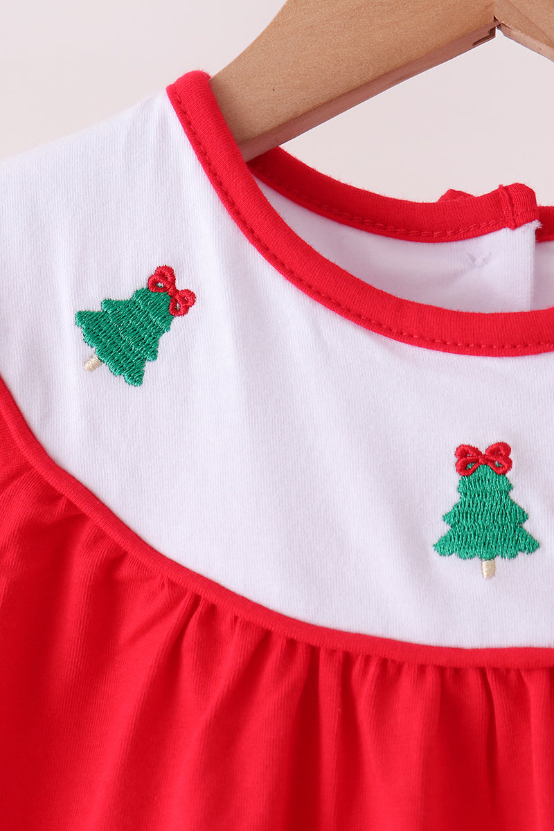 Red christmas tree embroidery ruffle pants set